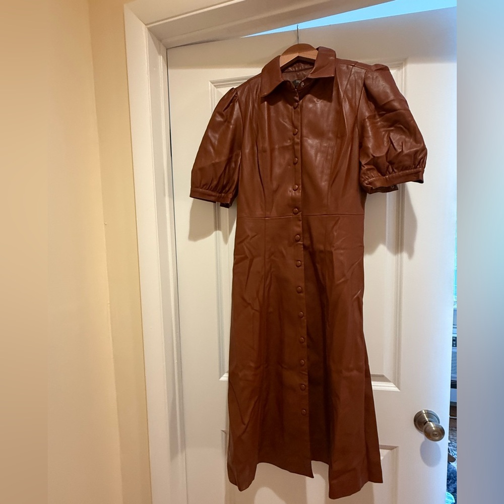 Tahari Brown button down leather look dress